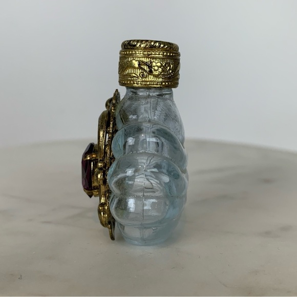 Miniature Glass Perfume Bottle Vintage Ornate Brass Purple Rhinestone Twist Cap - Picture 5 of 13